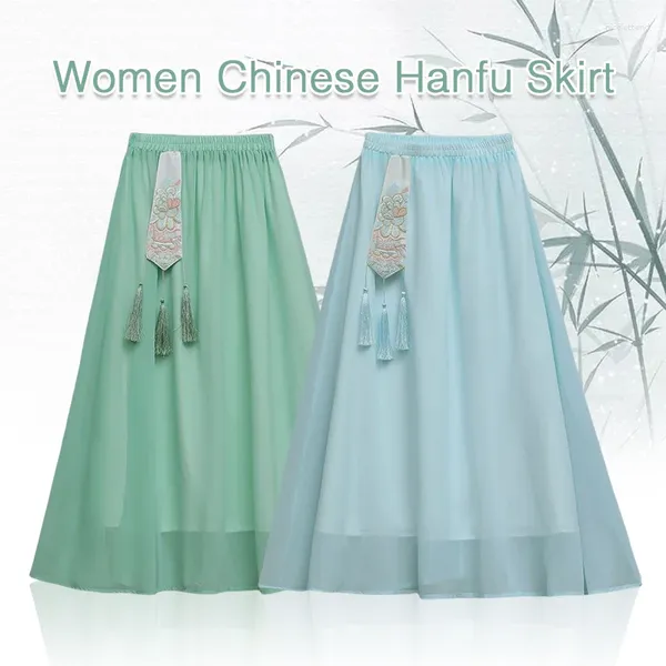 Gonne Donna Gonna Hanfu in stile cinese antico Retro Ricamo nazionale Nappa Elastico in vita JK Cosplay Chiffon