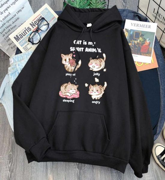 Felpa con cappuccio Cat Is My Spirit Felpe con stampa animale Uomo Casual Pullover con cappuccio allentato Anime Cartoon Pocket Streetwear Abbigliamento Uomo Q087466297