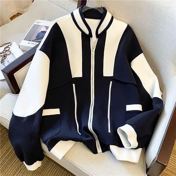 Giacche da donna 2024 Autunno Inverno Colletto rialzato Pannello a contrasto Maglia da baseball Moda Giacca versatile Cappotto Abbigliamento da strada