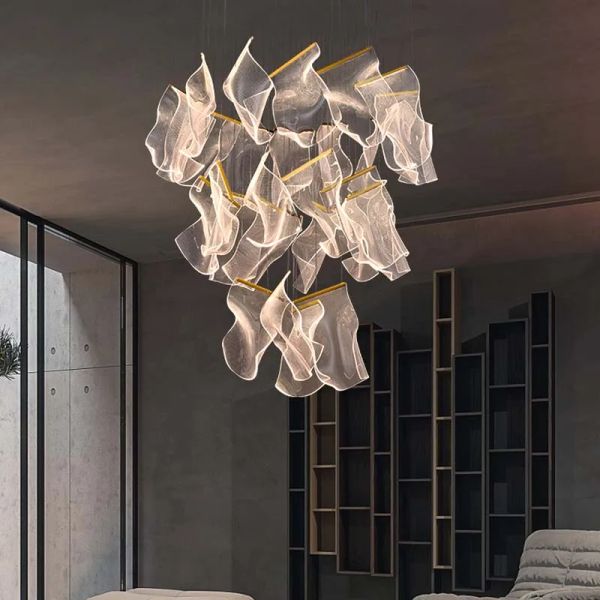 Lampadario a LED in acrilico dal design creativo per soggiorno con scale, apparecchi di illuminazione moderni di lusso di grandi dimensioni, lampade a sospensione per interni dorate