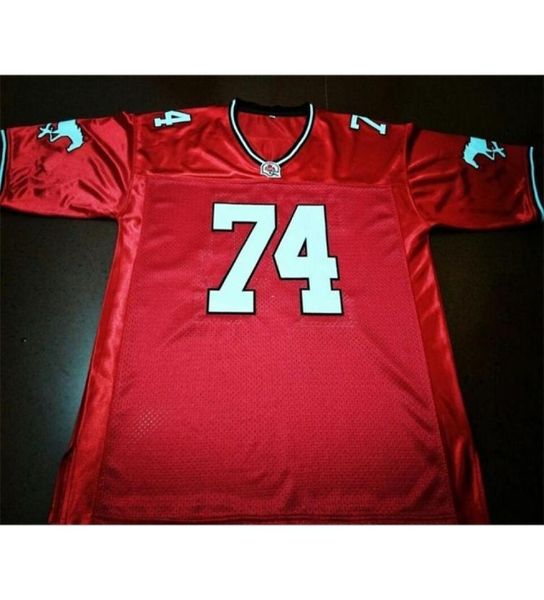 Raro 001 Red Calgary Stampeders 74 DWAYNE JOHNSON vero ricamo completo College Jersey Taglia S4XL o personalizzato qualsiasi nome o numero jer7668760