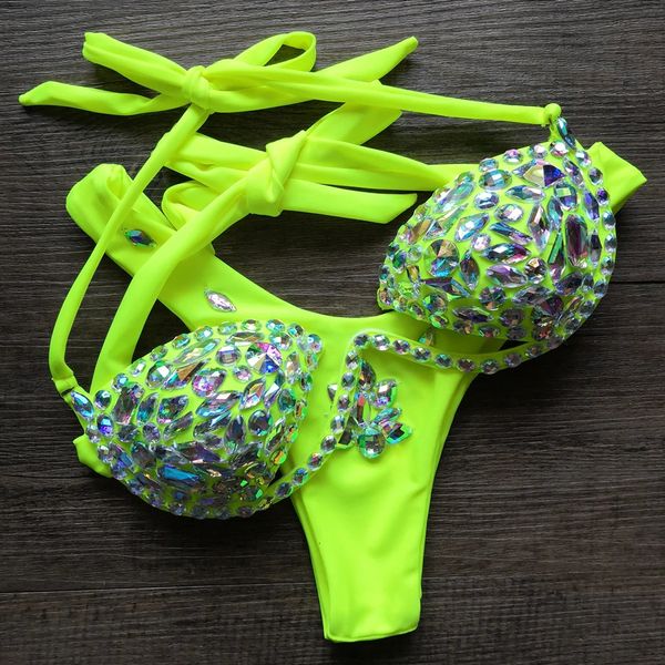 VIKINII Strass Neon Verde Bikini Donna Diamond Push Up Costumi da bagno Sexy Halter Crystal Costumi da bagno Donna Costumi da bagno 240110