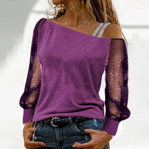 Kadınlar Blouses Kadınlar Hafif Üst ​​Seksi Uzun Kollu Rhinestine Net İplik Sequin Çıplak 2000'ler Retro Roupas Feminina Estetik