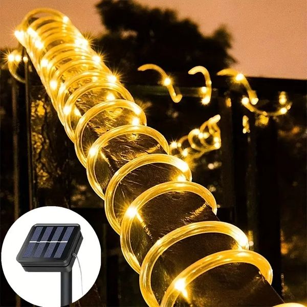 1 rolo, 50/100 LED luz de tubo solar branco quente, luz de rua comercial à prova d'água IP65, 8 modos de iluminação, luz de árvore de pátio à prova d'água ao ar livre