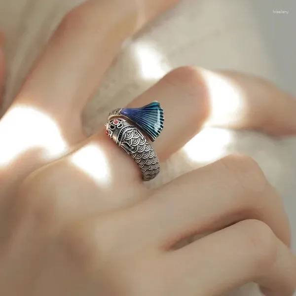 Кольца кластера, модное эмалированное карповое кольцо для женщин, ретро посеребренное кольцо с каплей масла, кольцо с открытым указательным пальцем, этнические украшения для девочек, аксессуары, подарок
