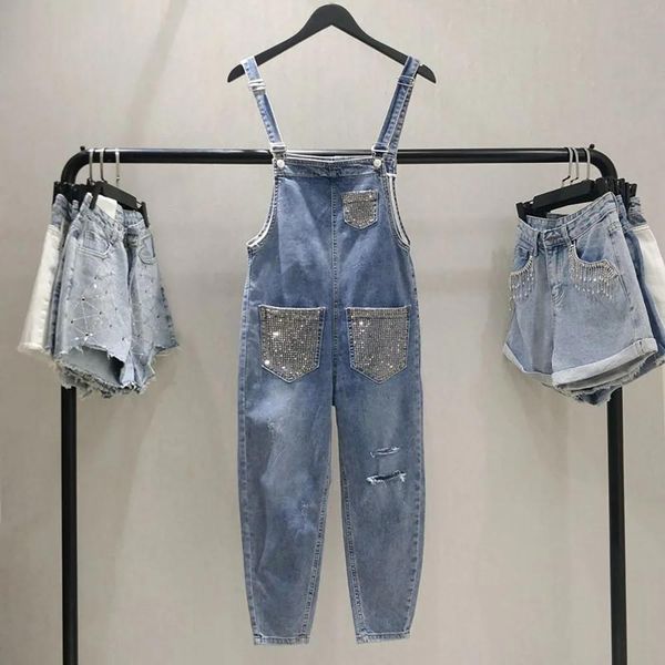 Jeans Moda Perline Cinghie Pantaloni in denim per donna Salopette Estate Casual Rivetti allentati Fori strappati Tuta Jeans femminili Streetwear