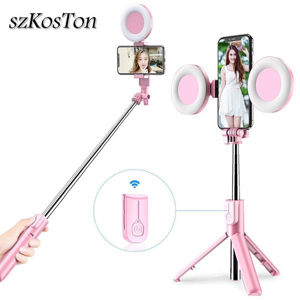 Monopiedi Compatibile senza fili Bluetooth Selfie Stick Treppiede Anello luminoso a LED Monopiede portatile pieghevole Otturatore remoto per Iphone Huawei