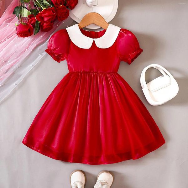 Abiti per ragazza Abito smock per bambino Casual Tinta unita Estate Bambino Compleanno Bambini Principessa rossa Abbigliamento per ragazze 1 2 3 4 5 anni