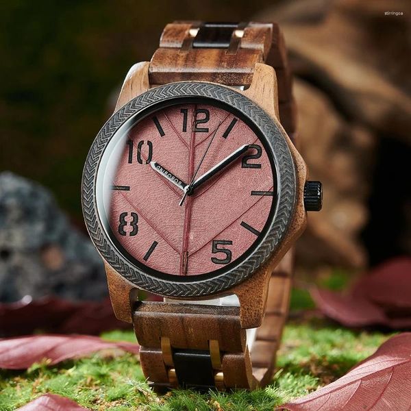 Orologi da polso Orologio da uomo in legno con foglia autentica BOBO BIRD per uomo 45mm Bois Orologi naturali fatti a mano Regalo di anniversario in legno