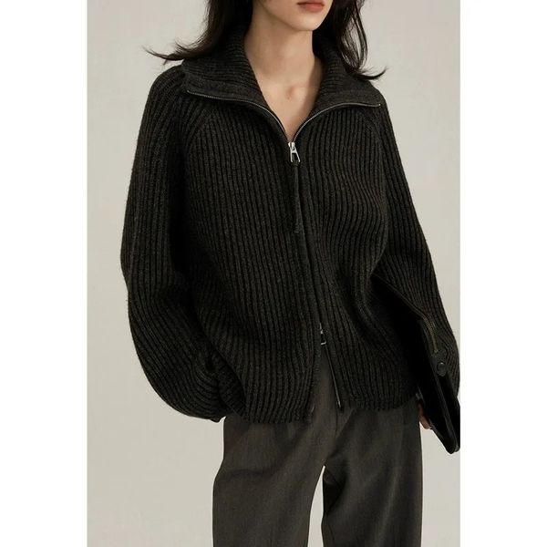 Station européenne double fermeture éclair 100% pur cachemire pull manteau femmes demi ouvert grand revers noir tricot pull cardigan 240111