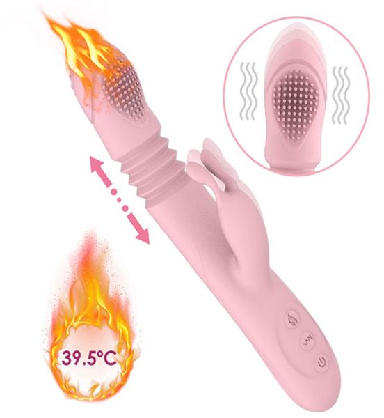 FLXUR Silicone Aquecimento Telescópico Empurrando Coelho Vibrador Rotativo Vibrador Vibrador G Spot Clitóris Estimulador Brinquedo Sexual para Mulher Y3071713