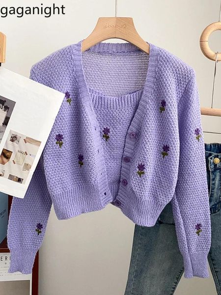 Strickjacken Gaganight Frauen Retro Sanfte Vielseitige Gestickte Blume Leibchen Top 2022 Gestrickte Pullover Strickjacke Jacke Zwei Stück Set Weiblich