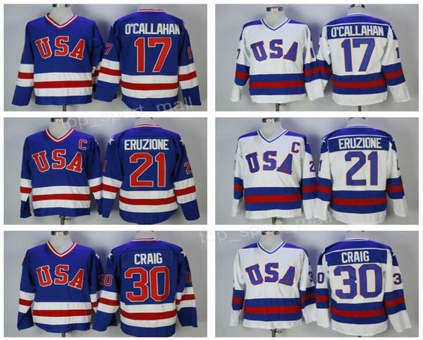 1980 Maglia da hockey USA Squadra nazionale 30 Maglie Jim Craig 21 Mike Eruzione 17 Jack O039Callahan Callahan Blu Bianco Anno Miracl3354773