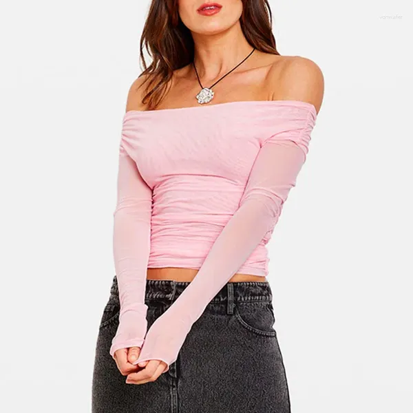 T-shirts voor dames Xingqing Mesh Crop Tops Y2k Kleding Dames Effen Kleur Doorzichtig Off-shoulder Shirt met lange mouwen Jaren 2000 Kleding Street chic