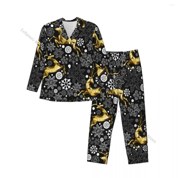 Homens sleepwear homens pijama conjuntos de natal ouro rena e floco de neve manga longa nightwear masculino homewear