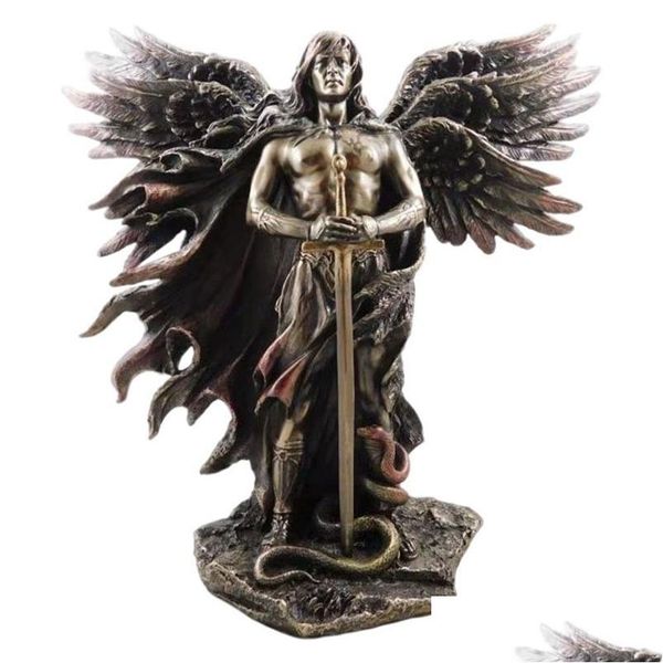 Dekorative Objekte Figuren Bronzefarbener Seraphim Sechsflügeliger Schutzengel mit Schwert und Schlange Große Statue Harzstatuen Heimdekoration Dhgij