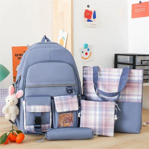 Sacos escolares 2024 ano rua moda estilo coreano feminino mochila de quatro peças grande capacidade bonito estudante médio mochila feminina