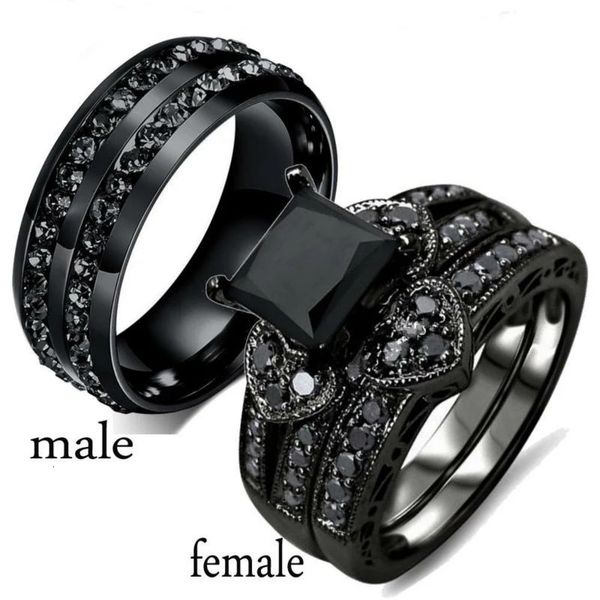 Moda Casal Anéis Mulheres Coração Preto Cristal CZ Anéis Definir Duas Linhas Preto CZ Pedra Anel de Aço Inoxidável Jóias de Casamento 240110