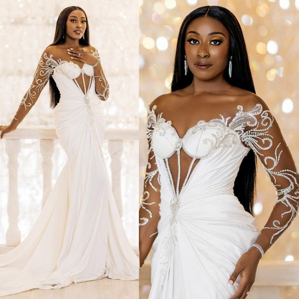 Abito da sposa di lusso per la sposa Chiffon avorio collo trasparente maniche lunghe sirena abiti da sposa illusione strass abiti di pizzo applicati per il matrimonio D107