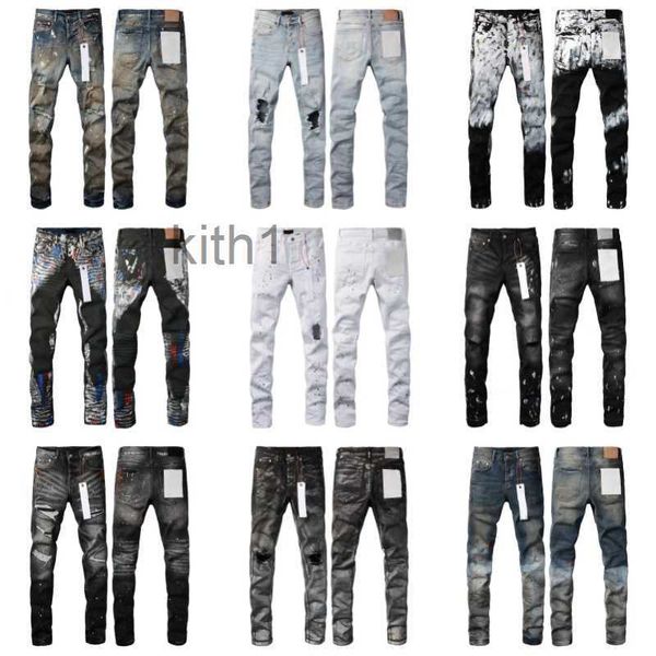 Jeans viola di marca da uomo strappati da motociclista slim dritti pantaloni piegati con inchiostro spruzzato stampati per realizzare collant alla moda taglia 28-40 JH4G