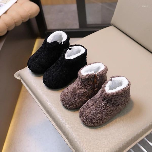 Сапоги для малышей, зимние плюшевые черные, коричневые, пушистые детские полусапожки на плоской подошве, 21–30, однотонная классическая удобная обувь для мальчиков и девочек