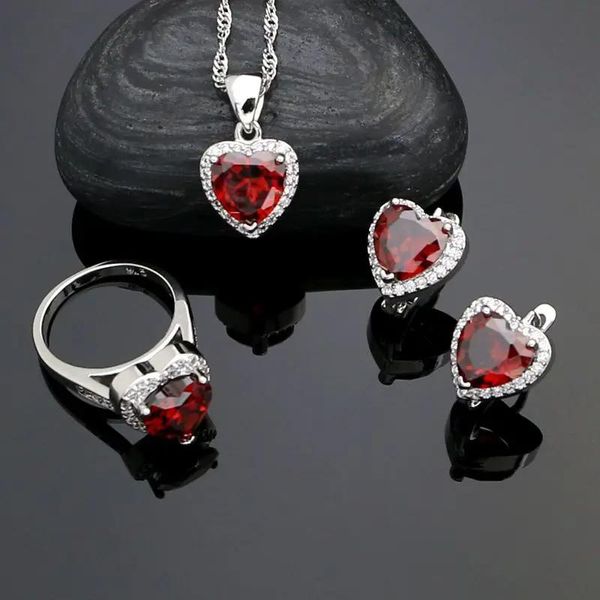 Наборы свадебных украшений из стерлингового серебра 925 пробы, комплекты свадебных украшений для женщин, серьги с белым кристаллом и красным камнем в форме сердца, кольцо, ожерелье, кулон