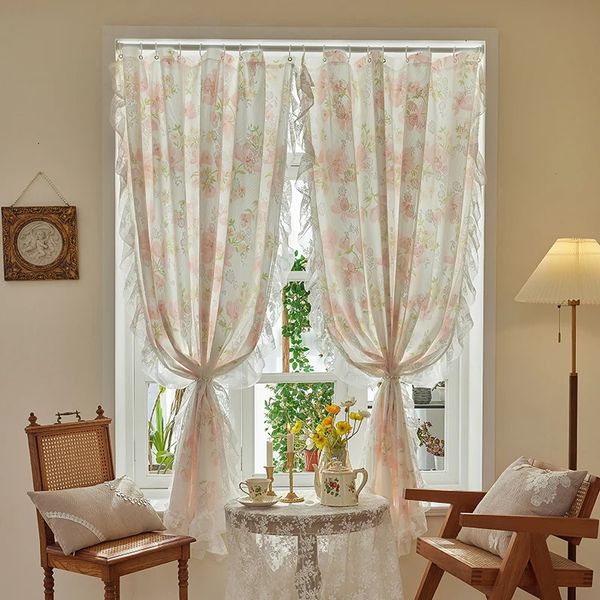 Yanyangtian cortinas de gaze de renda decoração de natal cortina de janela francesa cortina de luxo estilo pastoral cortina de fecho de menina 240110