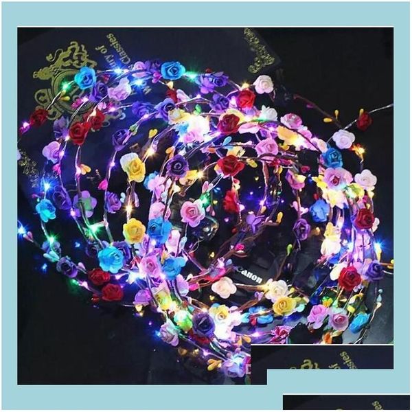 Accessori per capelli Lampeggiante Led Glow Fiore Corona Fasce Luce Festa Rave Ghirlanda floreale Corona Matrimonio Ragazza Copricapo Decor D Drop Dhmts