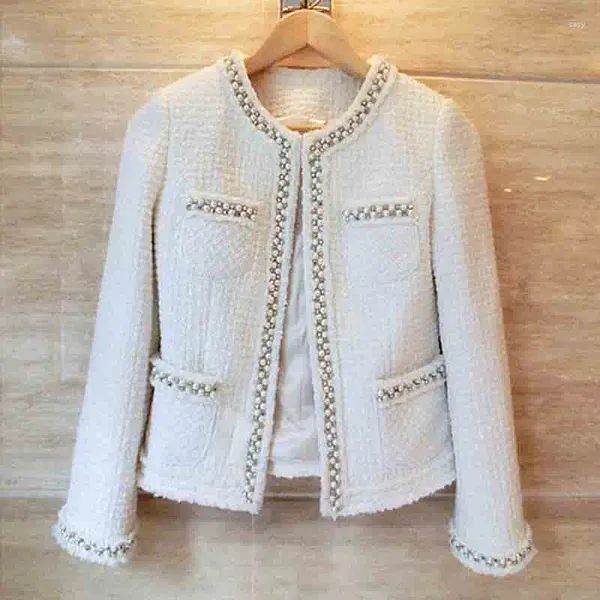 Giubbotti da donna YAMDI Tweed Blazer Donna Bianco Manica lunga Perline Misto lana Runway Fashion Giacca Cappotto Inverno 2024 Autunno