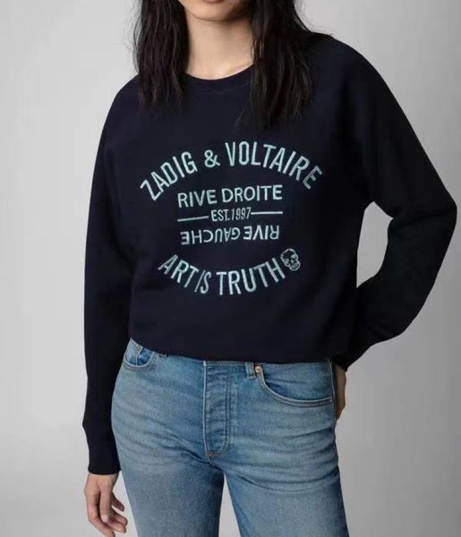 Zadig Voltaire толстовка с вышивкой ZV дизайнерский пуловер женские классические хлопковые толстовки с буквами свободный свитер толстовки пальто
