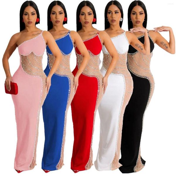 Vestidos casuais mulheres manga longa pérola broca perspectiva malha fio vestido 2024 chegadas primavera verão