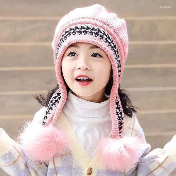 Береты, модная весенне-осенне-зимняя теплая милая детская шерстяная вязаная меховая шапка с шариками для девочек и мальчиков, уличная защитная шапка для ушей, шарф, подарок на вечеринку