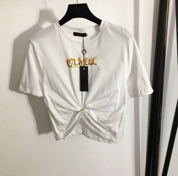 24 Tasarımcı T-Shirts Kadın Tees Giyim Giyim Sıradan Göğüs Yeni Renkli Nakış Pimi Mektup Baskı Sıkışmış Bel Kısa Kollu T-Shirt Üstler Luxurys Moda Beyaz S-L 19