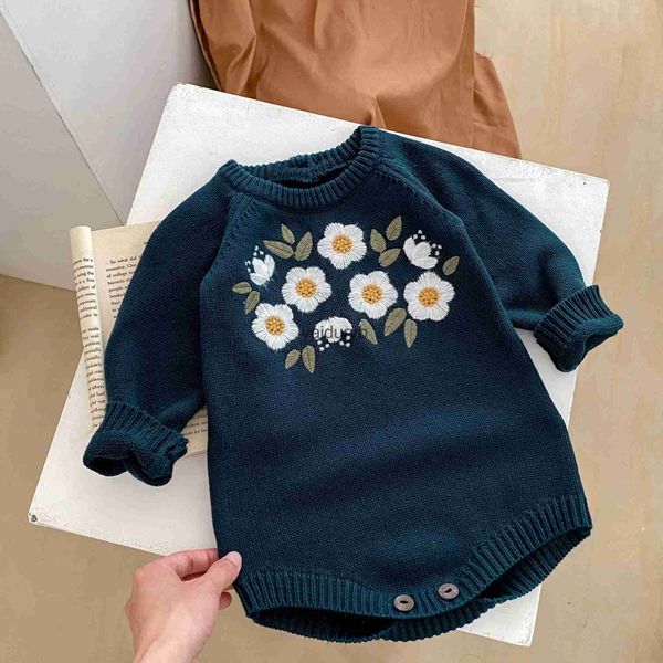 Suskunlar 2023 Örgü Bebek Kız Romper Koreli Nakış Çiçeği Yenidoğan Tulum Bebek Kıyafetleri için Sonbahar Kış Yürümeye Başlayan Çocuk Kıyafet 0-24 MVAIDURYB