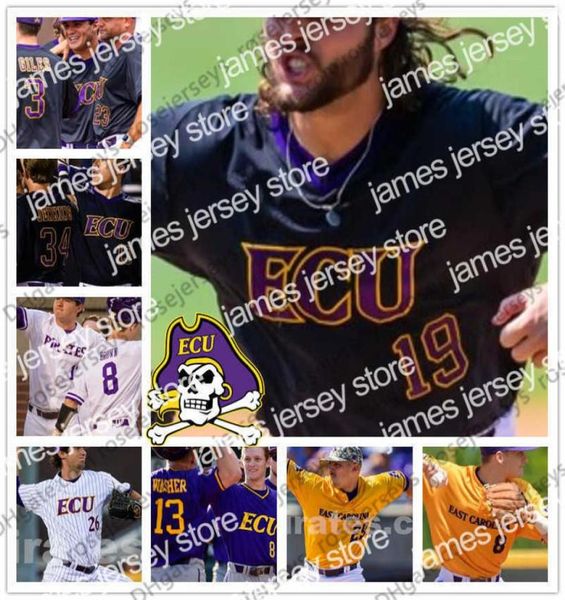 Beisebol universitário usa ECU East Carolina Pirates 14 Jake Agnos 18 Bryant Packard 19 Alec Burleson 42 Spencer Brickhouse Roxo Wh7178415