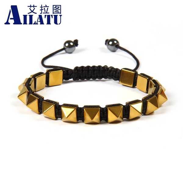 Armbänder Ailatu Marke Großhandel 10 teile/los männer Schmuck 8X8mm Helmatit Stein Perlen Pyramide Makramee Flechten Armband für Weihnachten Geschenk