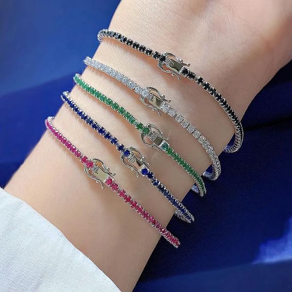 Bangles SpringLady 925 Sterling Silver Lab Sapphire Esmeralda Ruby Diamantes de Alto Carbono Gemstone Tennis Chain Pulseira Bangle Fine Jewelry