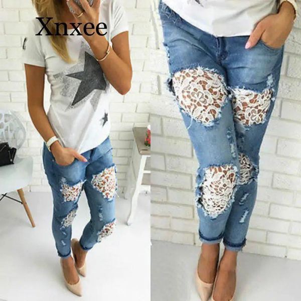 Calças de brim primavera feminina renda costura denim sexy jeans rasgados com buracos jean calças de crochê verão destruído calças femininas coreano