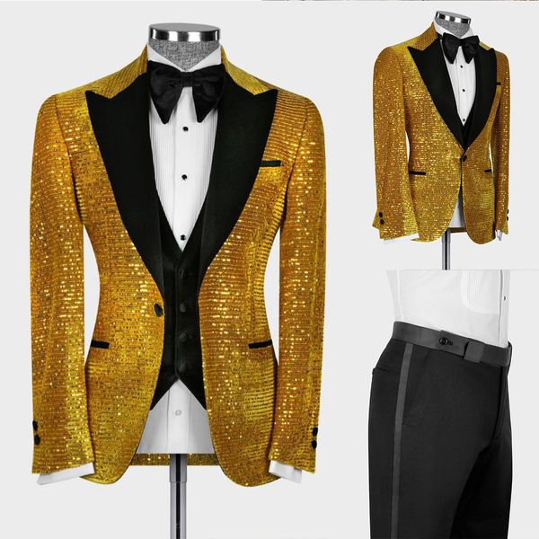 Ternos masculinos com lantejoulas douradas, calças slim fit com lapela repicada, blazer para festa de aniversário, casamento, smoking