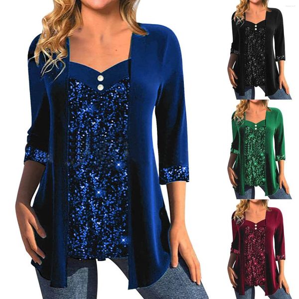 Blusas femininas blusa camisa veludo listrado brilhante impressão lantejoulas manga longa festa casual festival/feriado decote em v ajuste regular primavera