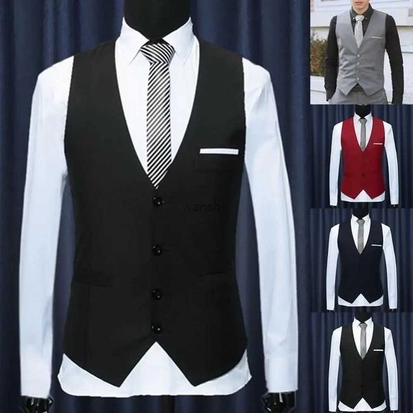 Herrenwesten Herren formelle Westen Anzugweste Slim Drei-Knopf-Weste aus Polyester + Spandex Herren lässig ärmellos Britische HerbstanzugwesteL240104