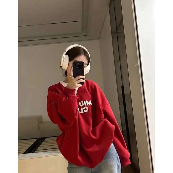 Frühling und Herbst Neue Designer Luxus Stickerei Mode Lose Übergroße Paar Tragen Männer und Frauen Mode Marke MIUs Retro Chinesischen Roten Plüsch Rundhals Pullover