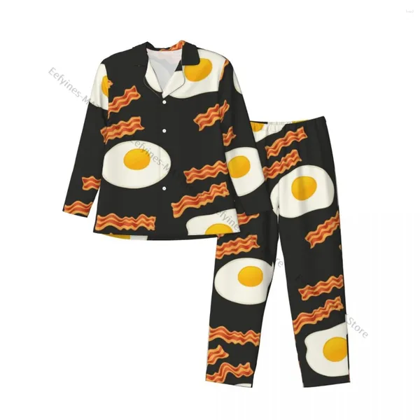 Homens sleepwear homens pijama conjuntos bacon e ovos para homem camisa manga longa masculino macio home loungewear