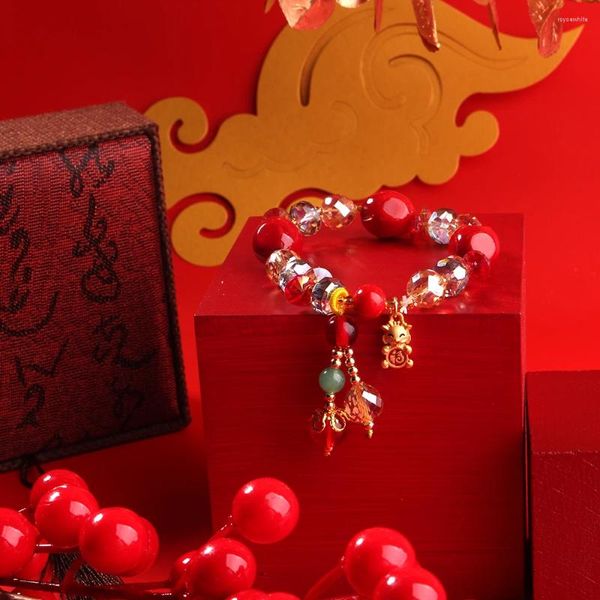 Braccialetti con ciondoli Bracciale zodiacale drago rosso anno stile cinese per donne Gioielli con perline di corallo elastico di trasbordo di animali