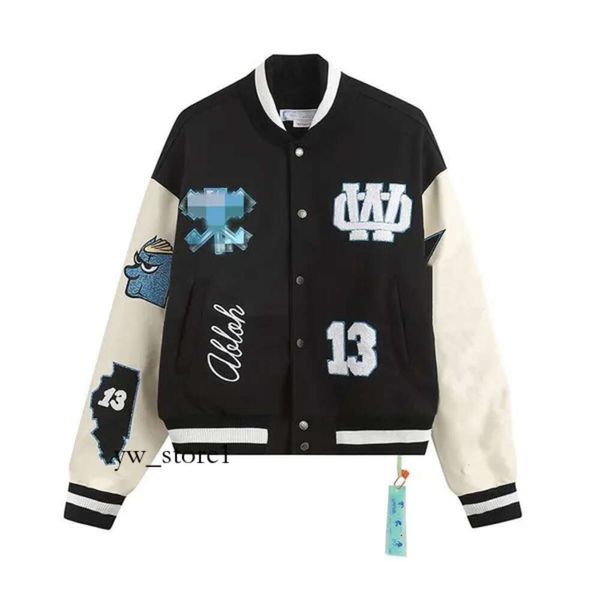 Giacca bianca Off Cappotto di fascia alta del marchio Amanti maschili e femminili Ow Industry pesante Bomber con maniche in pelle impiombate in lana Baseball Tendenza della moda Marchio Off White 8755