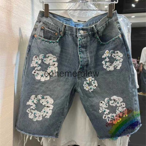 Erkek şort mavi kakma Gem denim kot pantolon erkekler kadın kapok baskısı büyük boyutlu kısasefemeralew