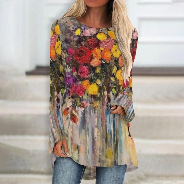 Kadın Tişörtleri Çiçek Boyama 3D Baskı Uzun Kollu T-Shirt Kadın Moda Tshirt Tunikleri Y2K Giyim