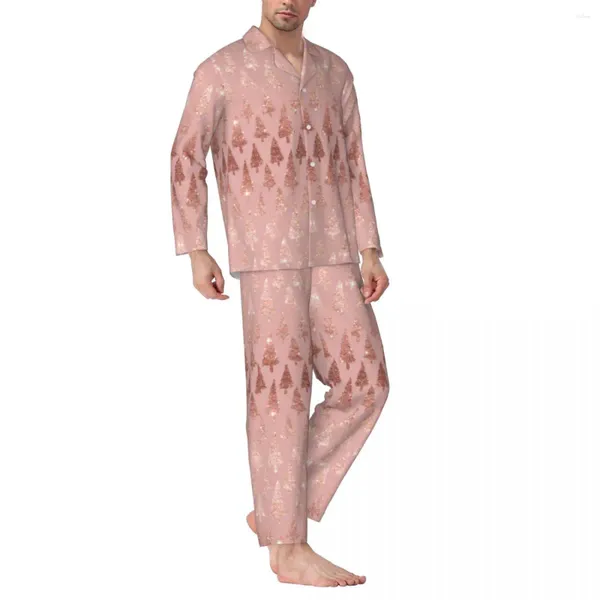 Pijamas masculinos pijamas homem elegante rosa ouro metálico nightwear glitter rosa árvores de natal casual conjuntos de pijama confortável oversized casa terno