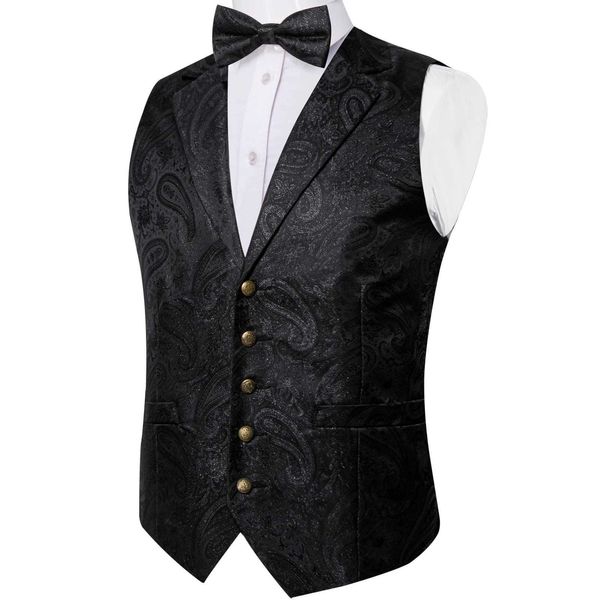 Erkek yelek lüks siyah paisley ipek elbise yelek erkekler için bow tie mendil manşetleri düğün partisi resmi smokin belden
