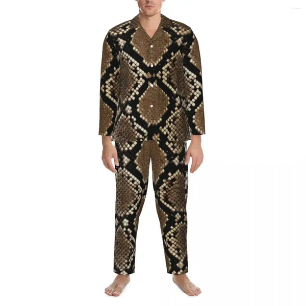 Homens sleepwear escala de pele de cobra outono falso python impressão vintage oversized pijama conjunto homens manga longa moda lazer personalizado nightwear